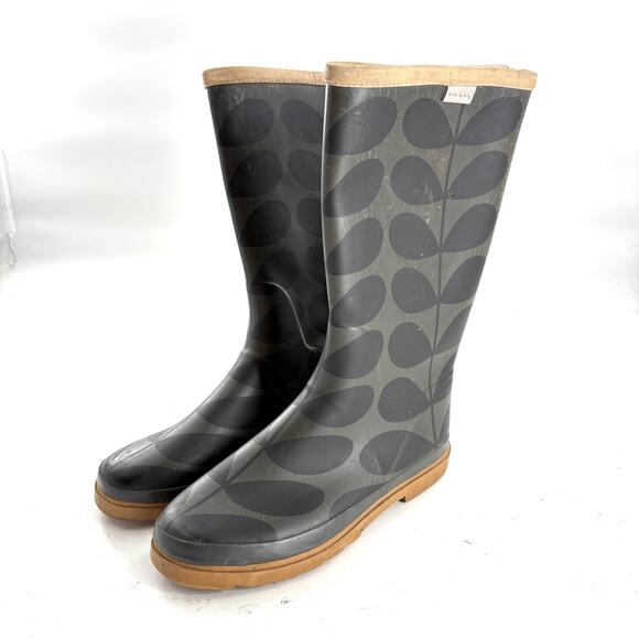 Orla Kiely Boots Rain Boots 8 Gray Black Leaf Rubber Wellies Tall Knee High - Picture 1 of 9
